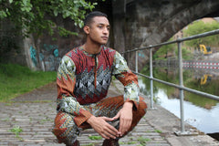 African Suit in Orange Red Print - Aztec Festival Outfit - Continent Clothing