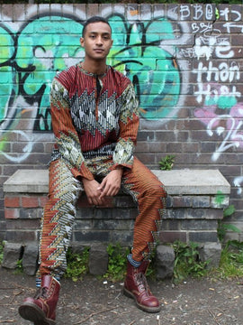 African Suit in Orange Red Print - Aztec Festival Outfit