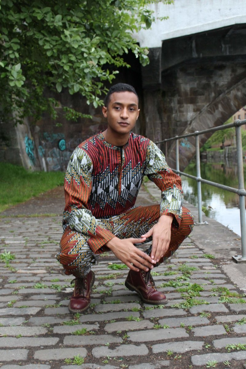African Suit in Orange Red Print - Aztec Festival Outfit - Continent Clothing