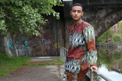 African Suit in Orange Red Print - Aztec Festival Outfit - Continent Clothing