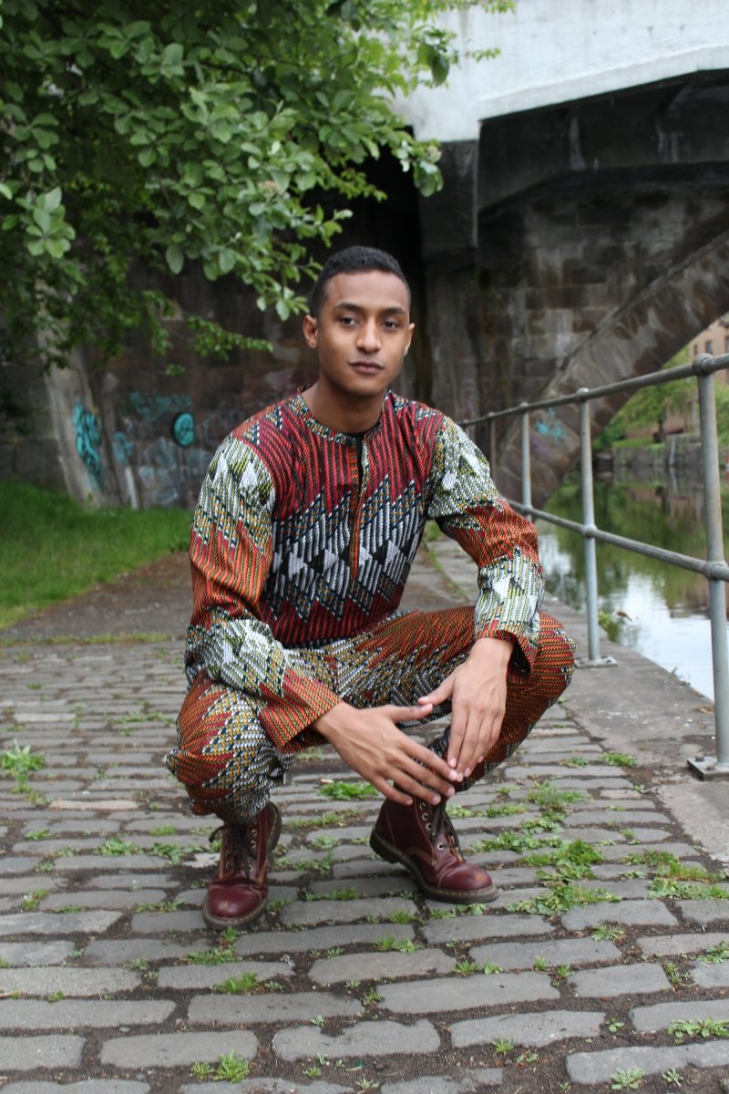 African Suit in Orange Red Print - Aztec Festival Outfit - Continent Clothing