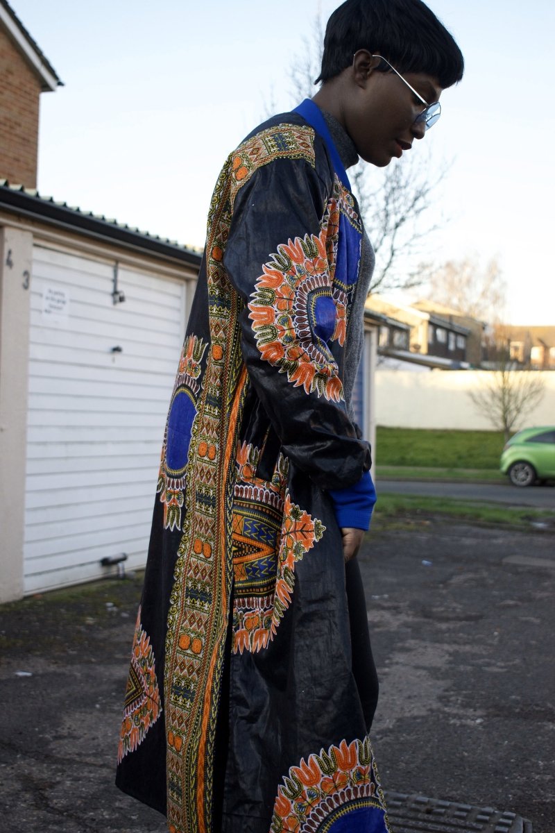 African Trench Coat in Black Dashiki Print - Continent Clothing