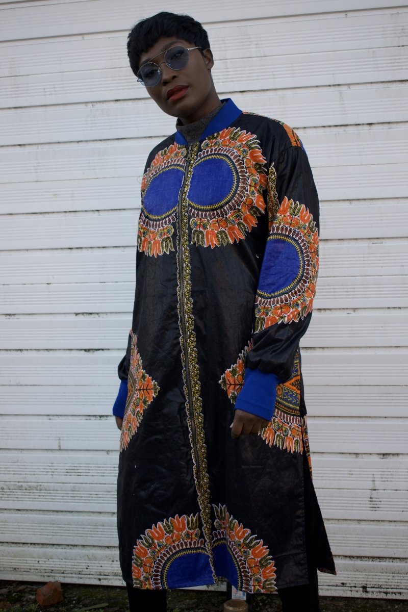 African Trench Coat in Black Dashiki Print - Continent Clothing