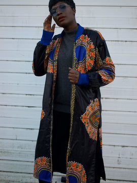 Africa Trench Coat in Black Dashiki Print