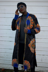 African Trench Coat in Black Dashiki Print - Continent Clothing