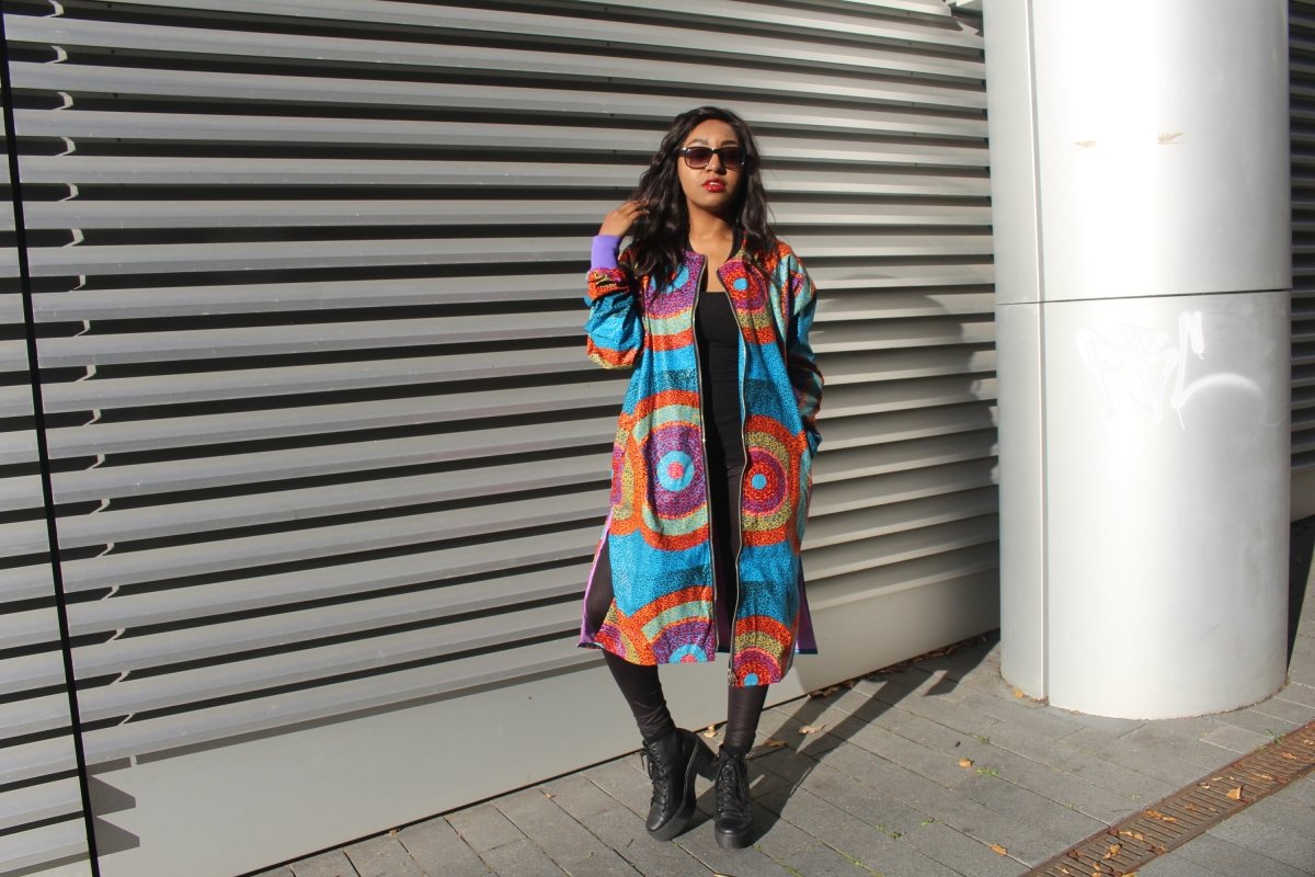 African Trench Coat in Blue Ankara Print - Festival Coat - Continent Clothing