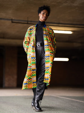 Cappotto di trincea africano in Blue Orange Kente African Print- Festival Abbigliamento