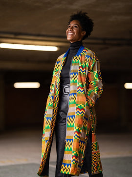 Cappotto di trincea africano in Blue Orange Kente African Print- Festival Abbigliamento
