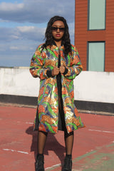 African Trench Coat in Gold Green Ankara Print - Continent Clothing