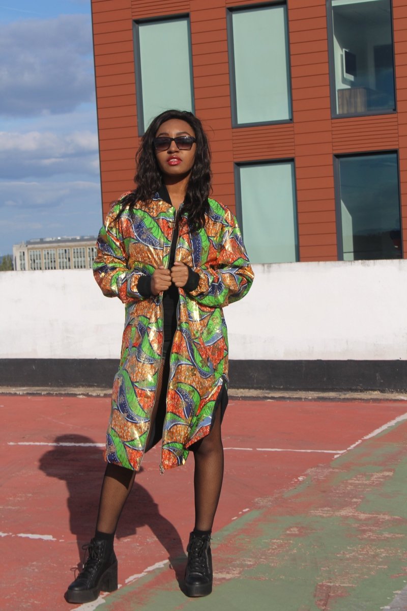African Trench Coat in Gold Green Ankara Print - Continent Clothing