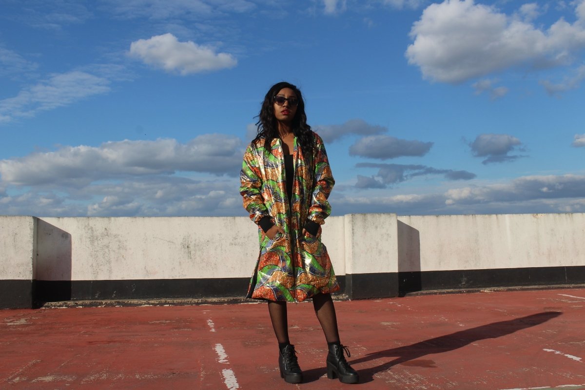 African Trench Coat in Gold Green Ankara Print - Continent Clothing