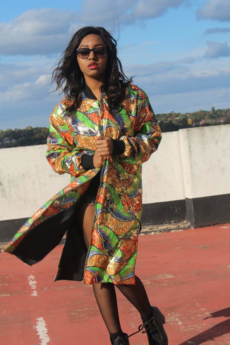 African Trench Coat in Gold Green Ankara Print - Continent Clothing