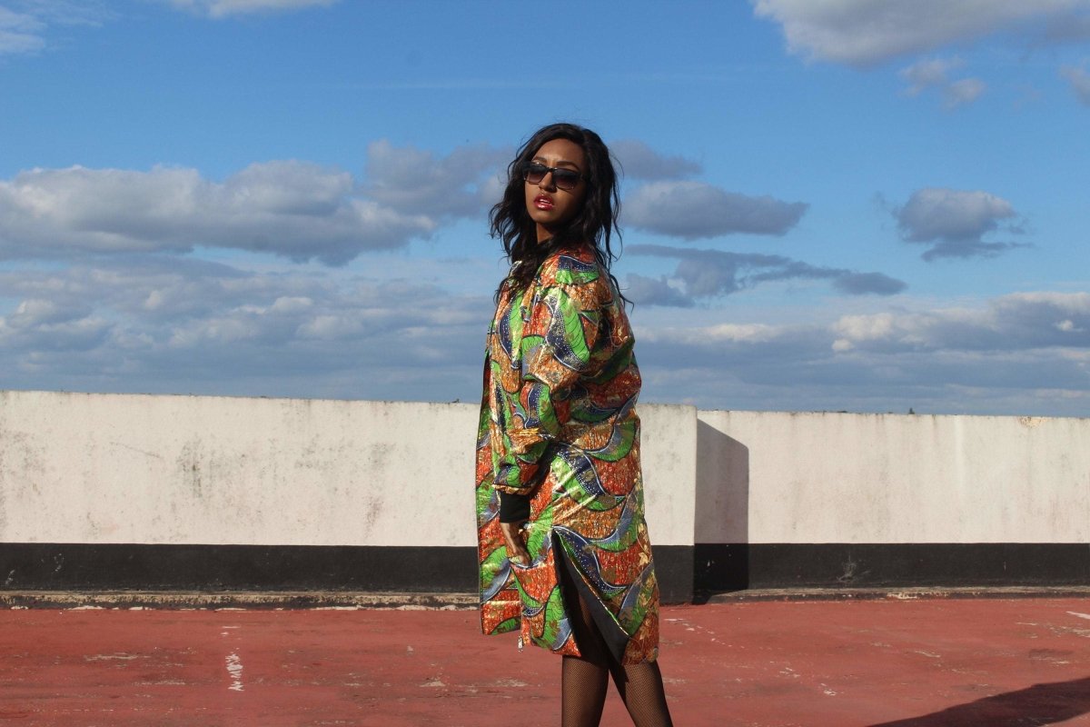 African Trench Coat in Gold Green Ankara Print - Continent Clothing