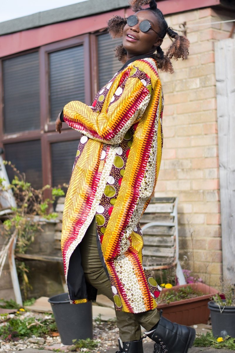 African Trench Coat in Orange Ankara Print - Festival Clothing - Continent Clothing
