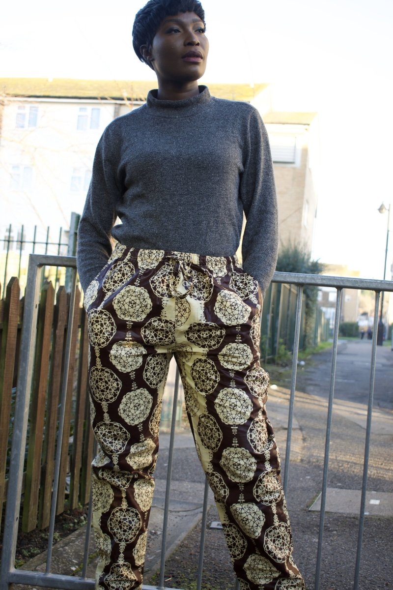 African Trousers in Gold Ankara Print - Festival Trousers - Continent Clothing 