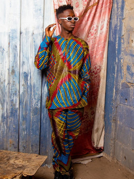 Pantalon africain homme en calicot teinté et collier en cuir tressé et Ankh  en bronze - Africouleur
