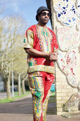 African Trousers/Pants in Red Dashiki - Festival Trousers - Continent Clothing