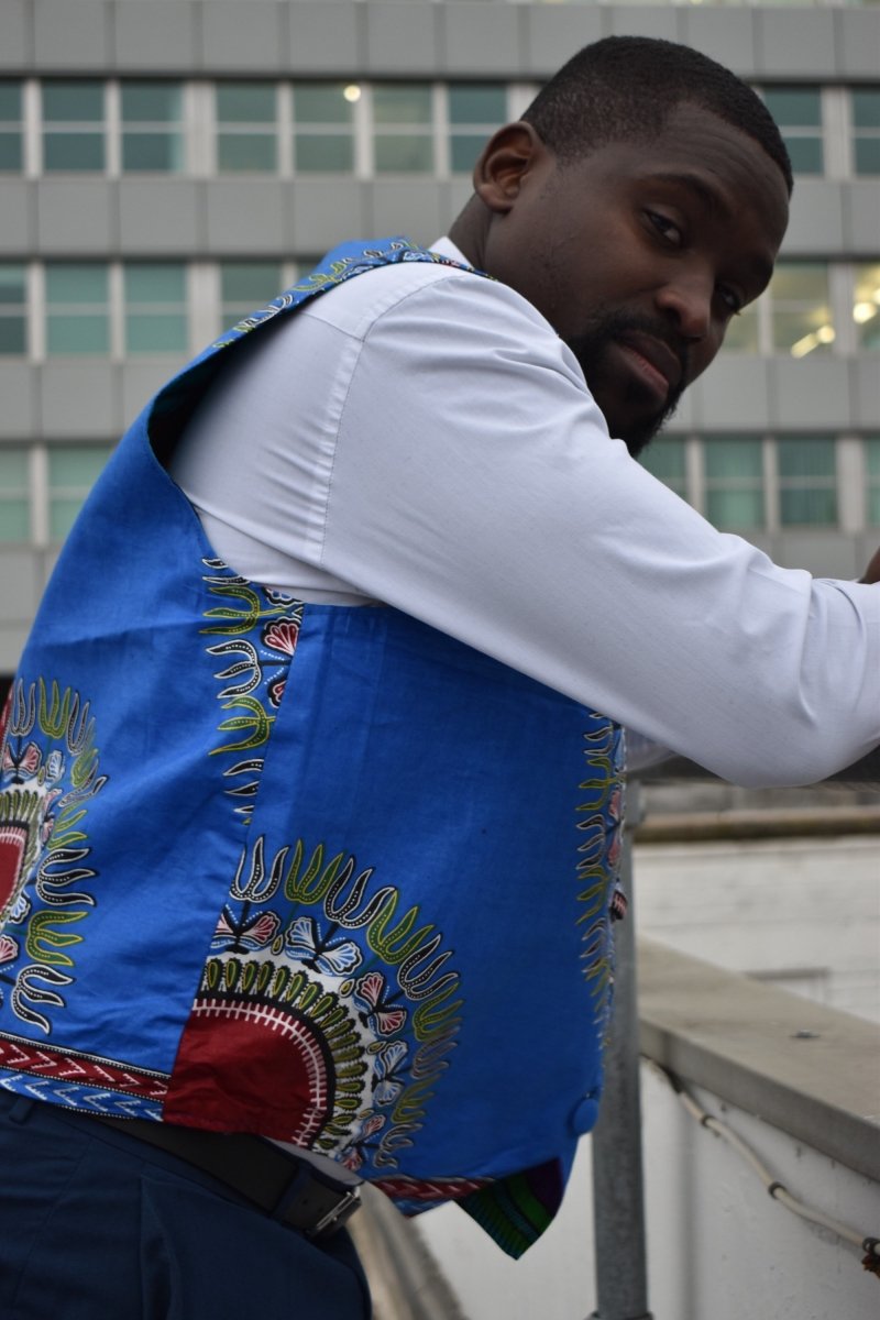 African Waistcoat in Blue Dashiki - Reversible - Continent Clothing 