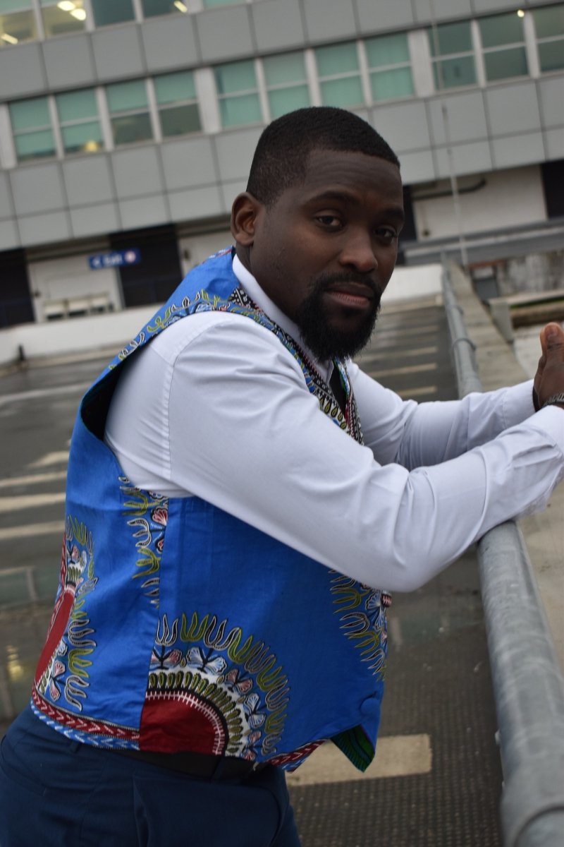 African Waistcoat in Blue Dashiki - Reversible - Continent Clothing