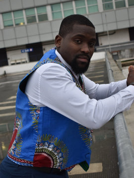 African Waistcoat in Blue Dashiki-Reversible