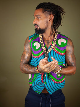 Chaleco Africano en Ankara Azul Verde - Reversible