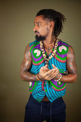 African Waistcoat in Blue Green Ankara - Reversible - Continent Clothing