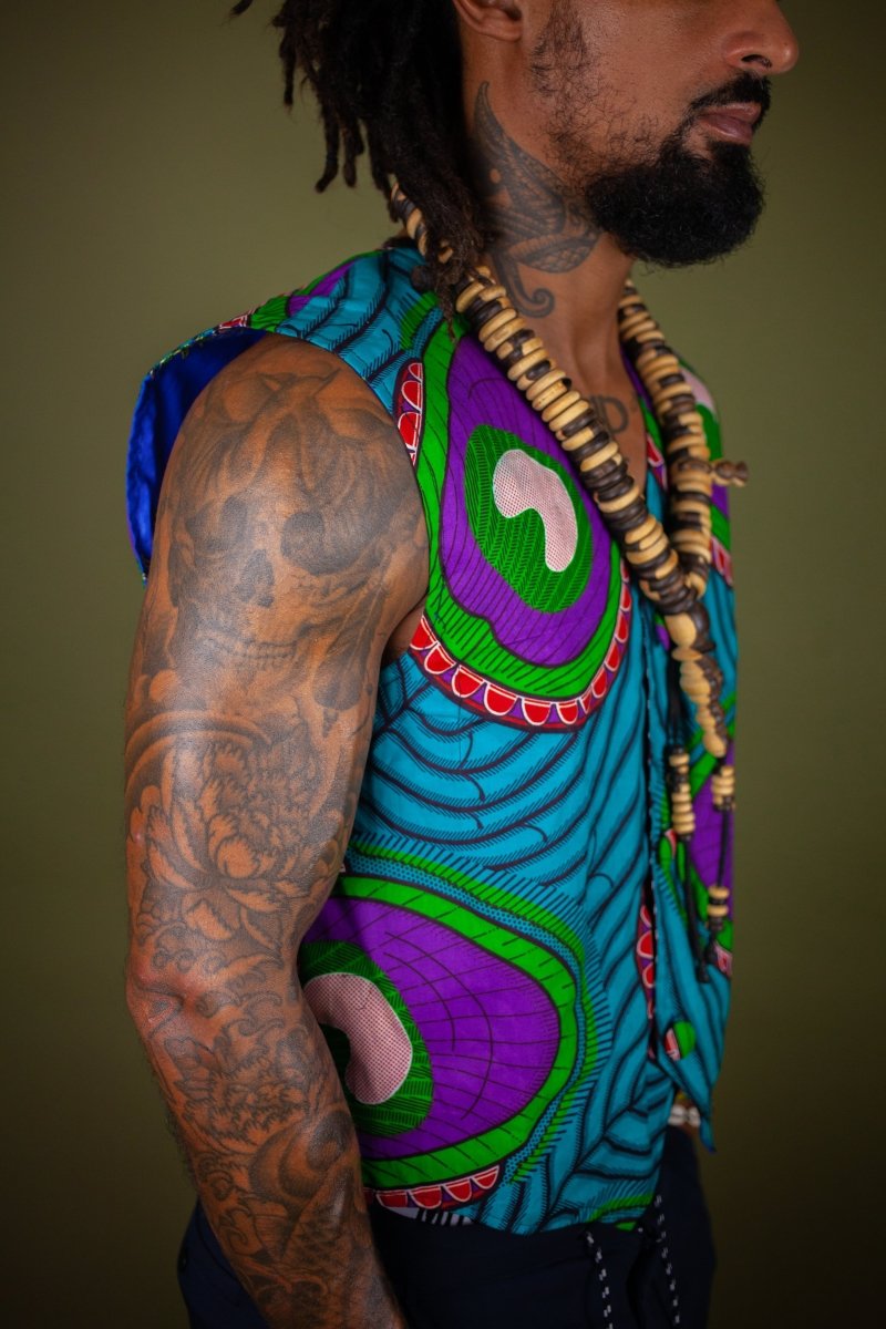 African Waistcoat in Blue Green Ankara - Reversible - Continent Clothing