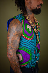 African Waistcoat in Blue Green Ankara - Reversible - Continent Clothing