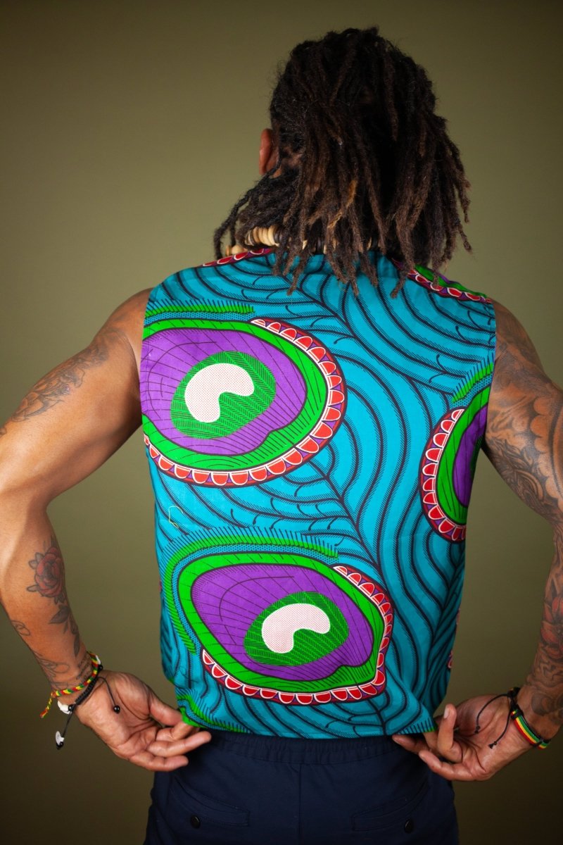 African Waistcoat in Blue Green Ankara - Reversible - Continent Clothing