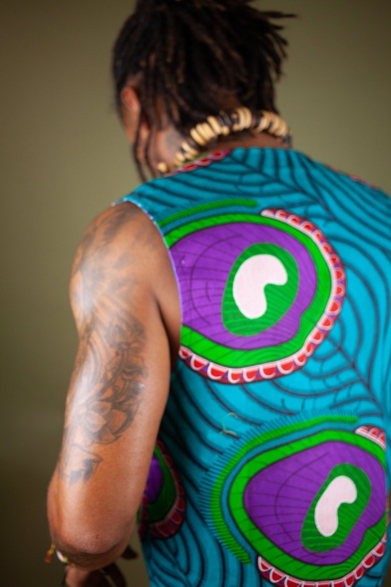 African Waistcoat in Blue Green Ankara - Reversible - Continent Clothing