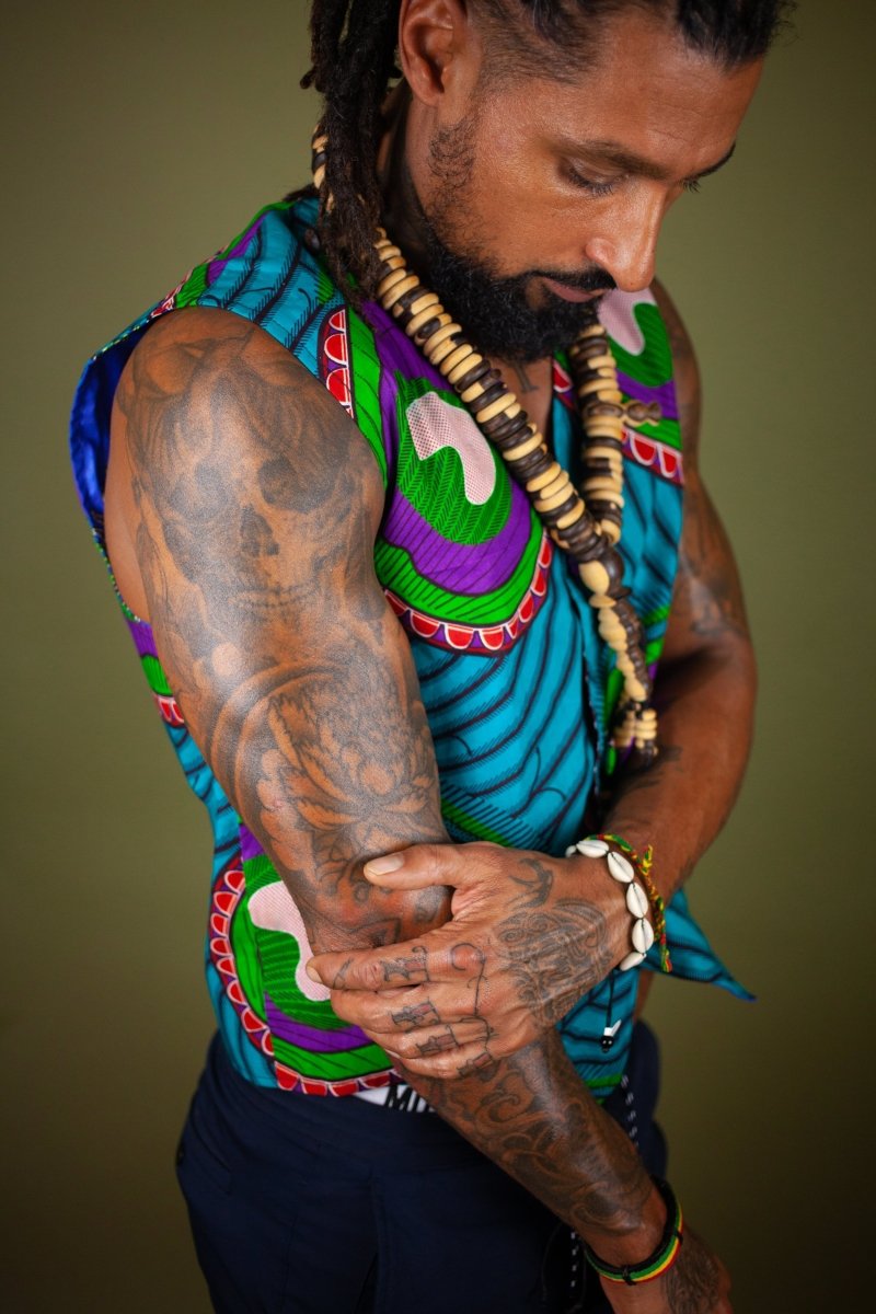 African Waistcoat in Blue Green Ankara - Reversible - Continent Clothing