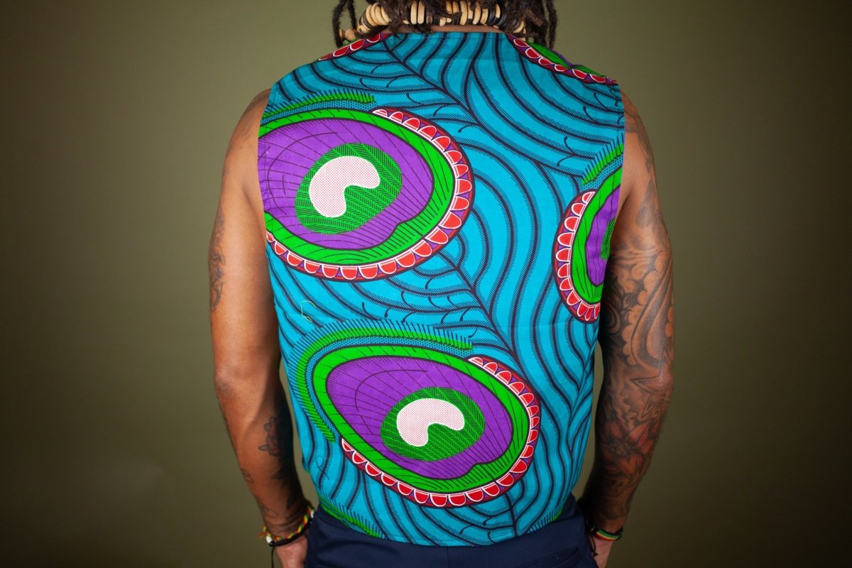African Waistcoat in Blue Green Ankara - Reversible - Continent Clothing