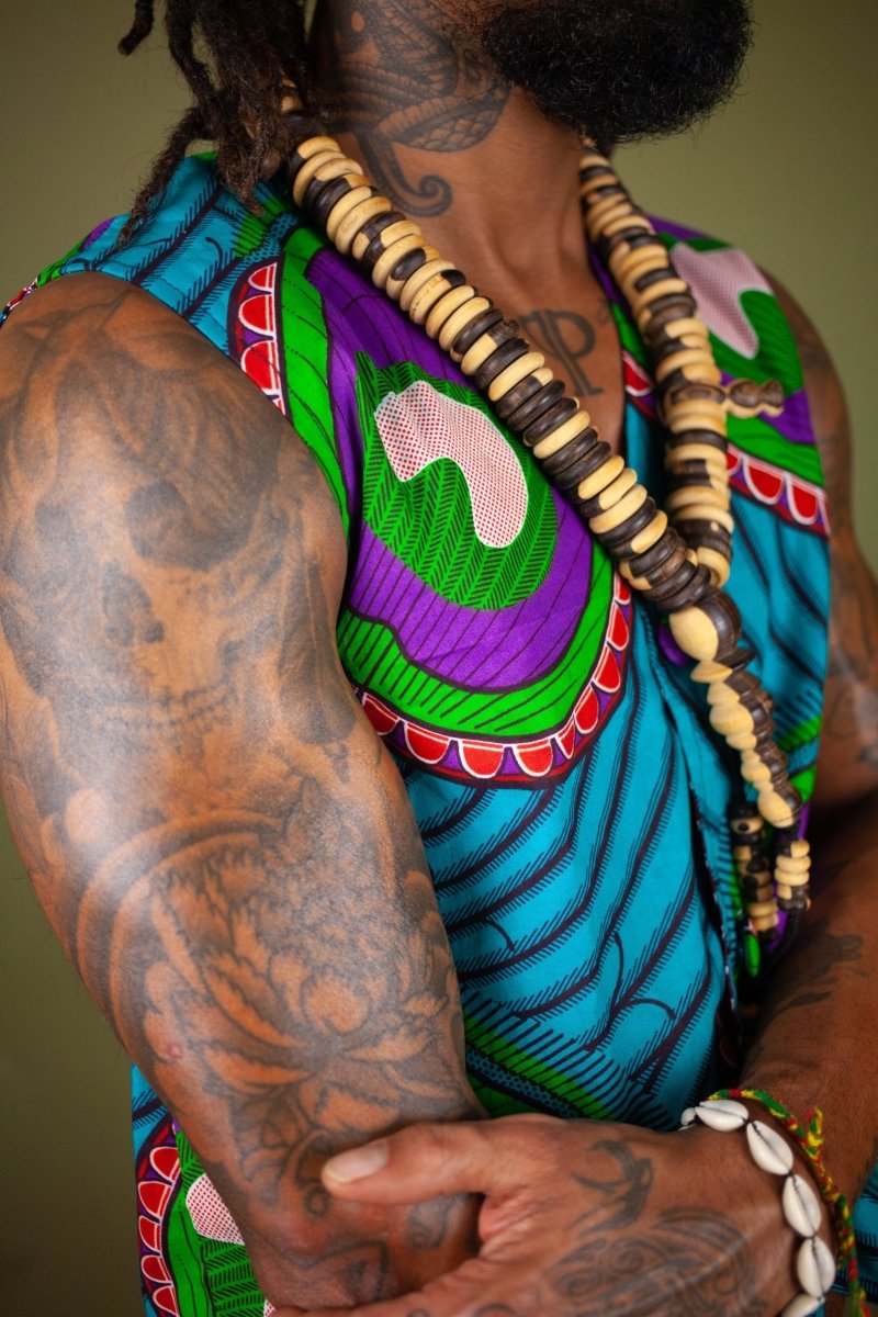 African Waistcoat in Blue Green Ankara - Reversible - Continent Clothing