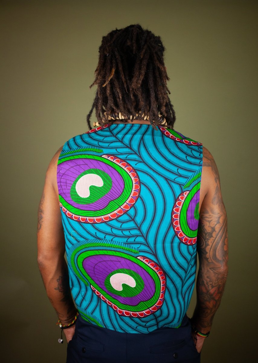 African Waistcoat in Blue Green Ankara - Reversible - Continent Clothing