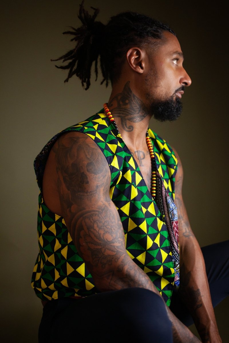 African Waistcoat in Green Ankara - Reversible - Continent Clothing