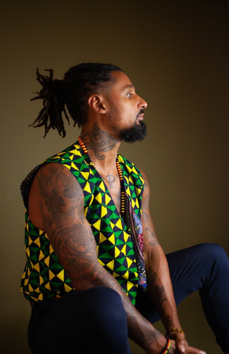 African Waistcoat in Green Ankara - Reversible - Continent Clothing
