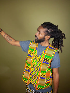 African Waistcoat en Green Gold Ankara-Reversible