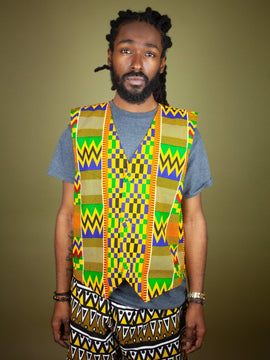 African Waistcoat en Green Gold Ankara-Reversible
