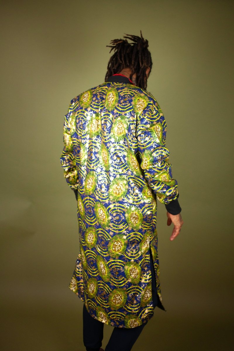African Winter Coat In Metallic Blue Gold - Continent Clothing