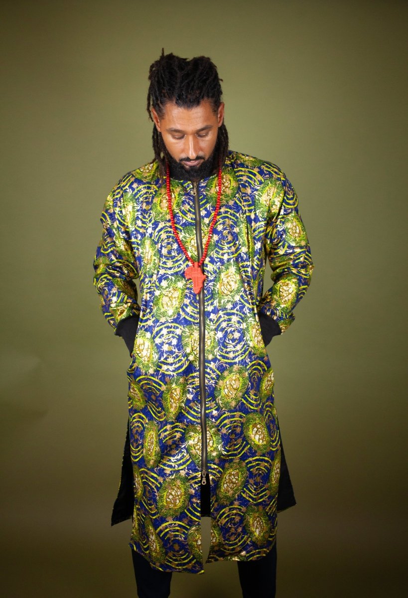 African Winter Coat In Metallic Blue Gold - Continent Clothing