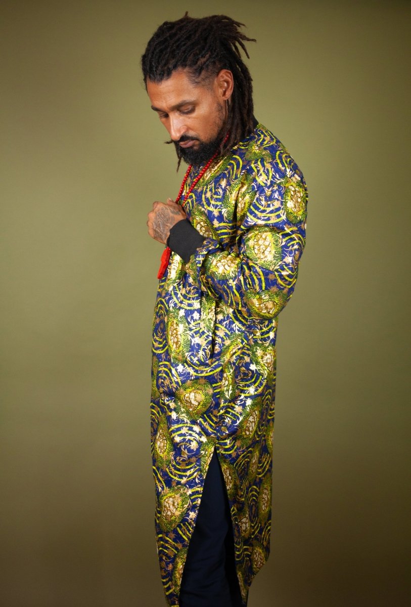 African Winter Coat In Metallic Blue Gold - Continent Clothing