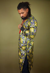 African Winter Coat In Metallic Blue Gold - Continent Clothing