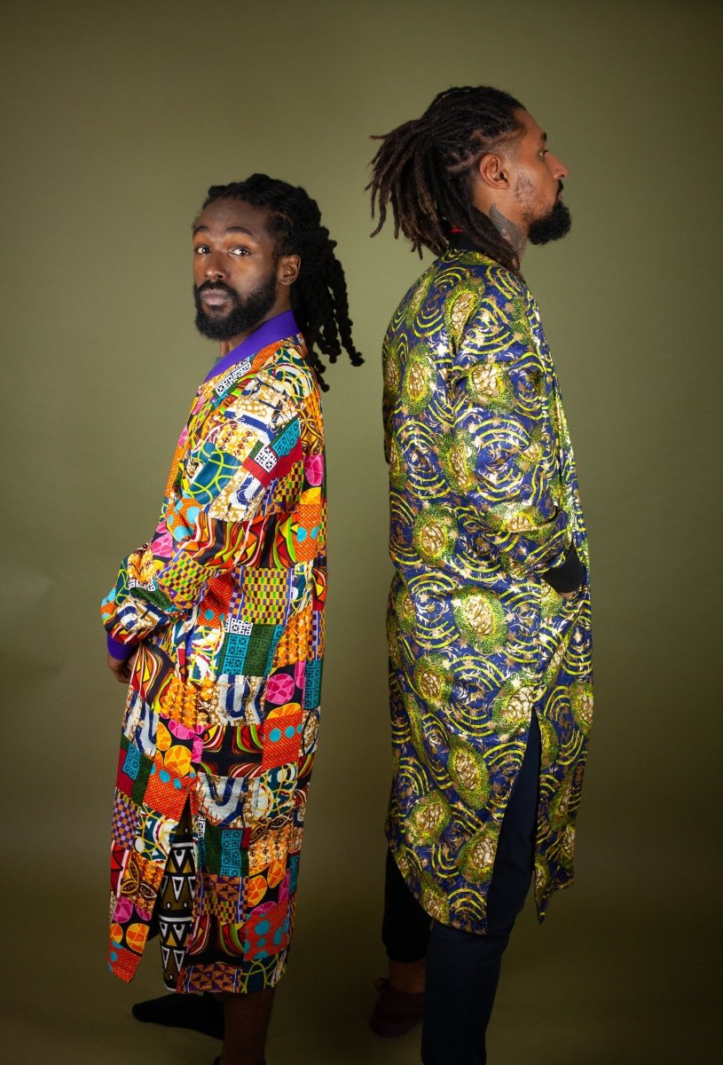 African Winter Coat In Metallic Blue Gold - Continent Clothing