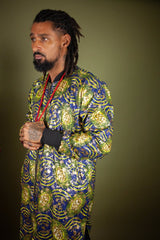 African Winter Coat In Metallic Blue Gold - Continent Clothing