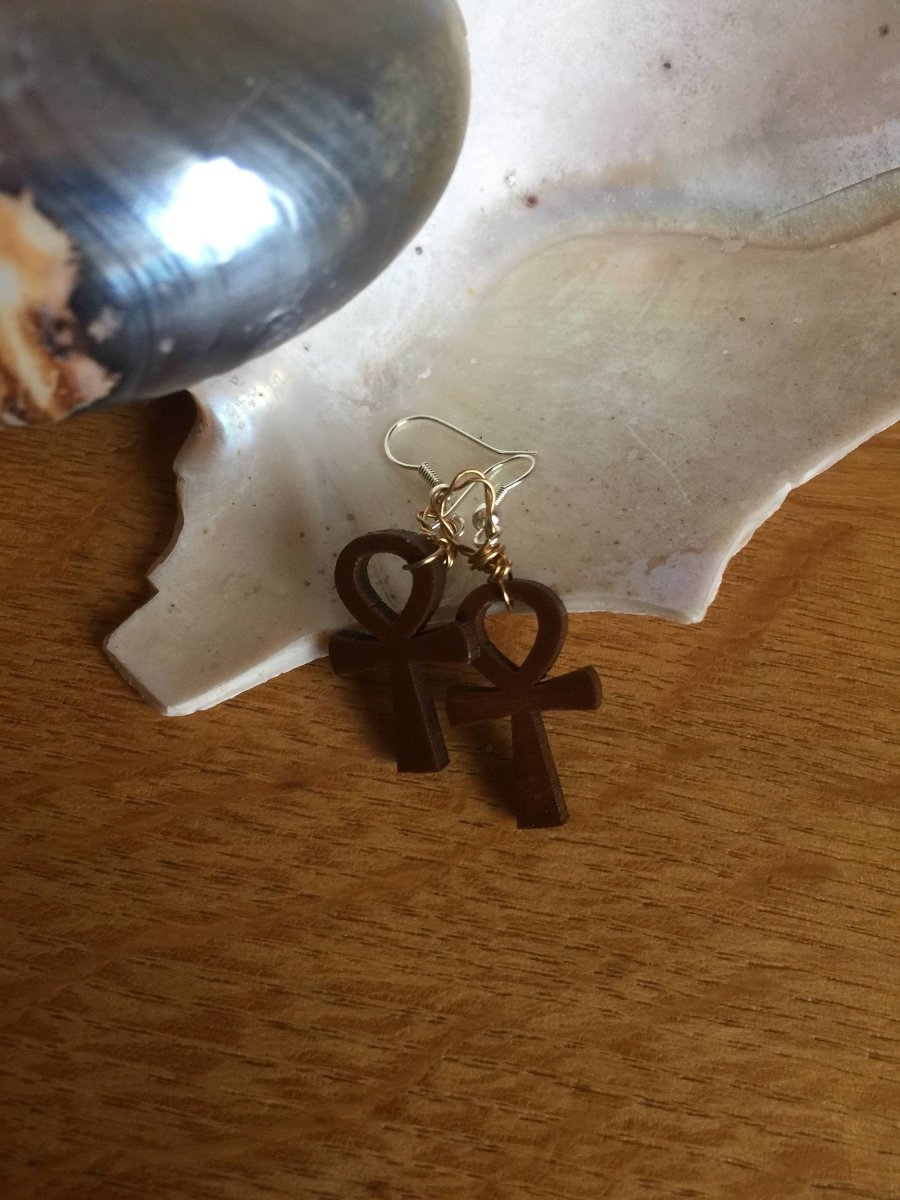 Ankh Earrings made with Recycled Wood - Continent Clothing 