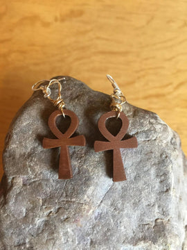 Ankh Earrings made with Recycled Wood