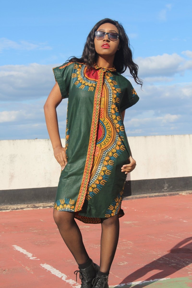 Aztec Dress, African Shirt Dress in Green Dashiki Print - Festival Dress - Continent Clothing