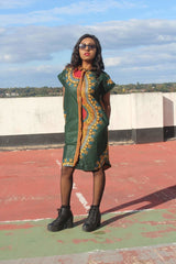 Aztec Dress, African Shirt Dress in Green Dashiki Print - Festival Dress - Continent Clothing