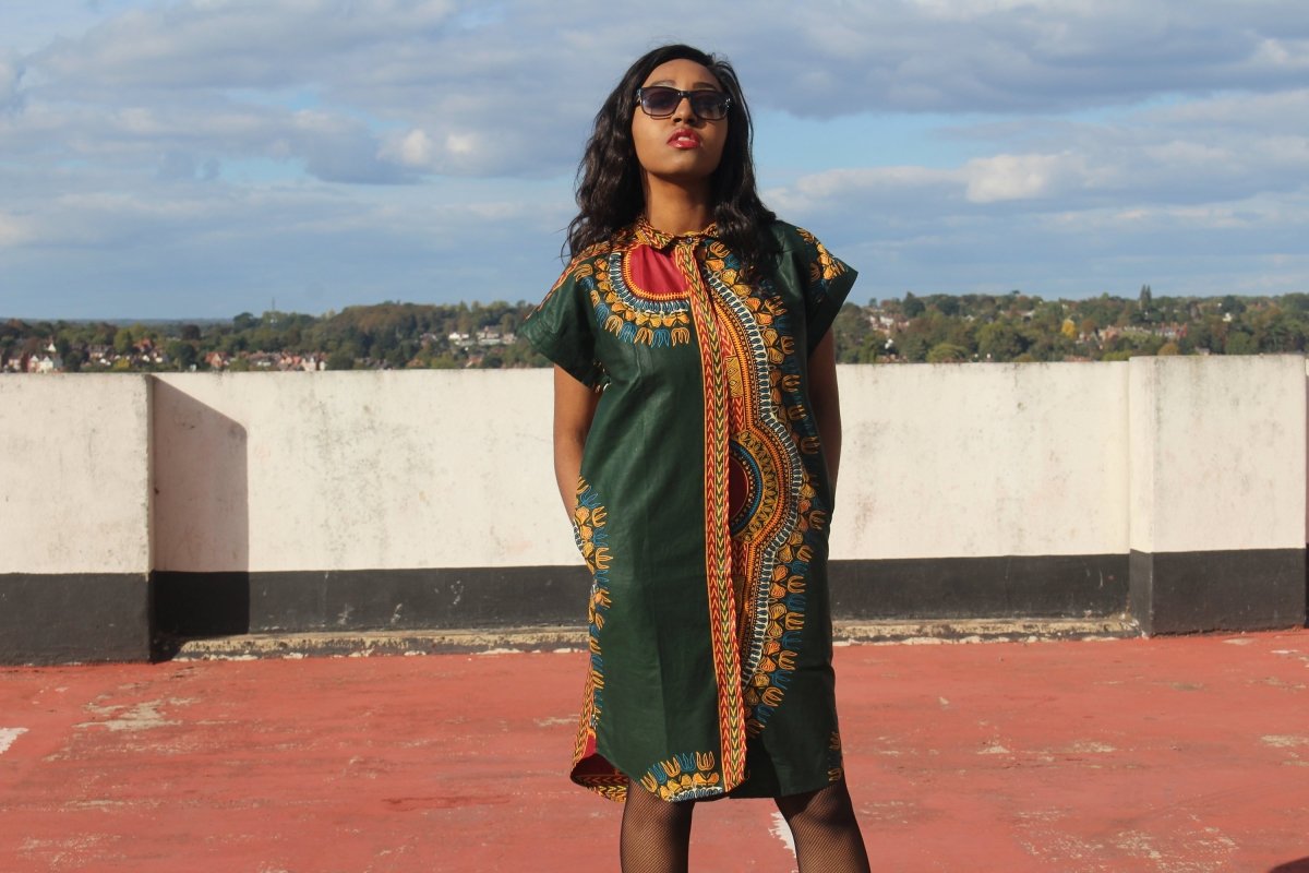 Aztec Dress, African Shirt Dress in Green Dashiki Print - Festival Dress - Continent Clothing