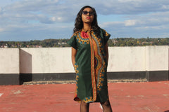 Aztec Dress, African Shirt Dress in Green Dashiki Print - Festival Dress - Continent Clothing